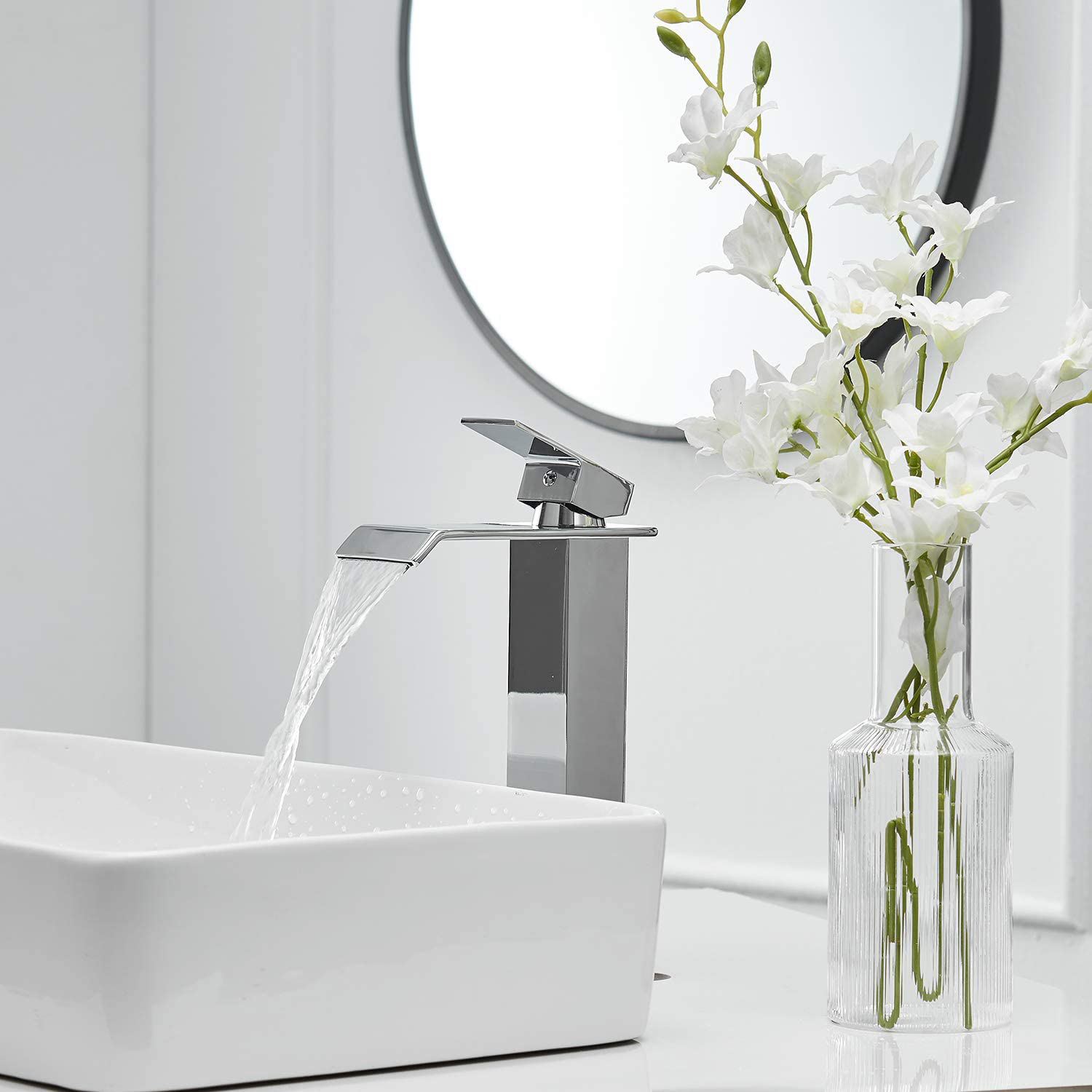 Aquacubic Cupc Lead-Free Brass Single Hole Tall Bathroom Faucet Chrome Waterfall Bath Sink Faucet High