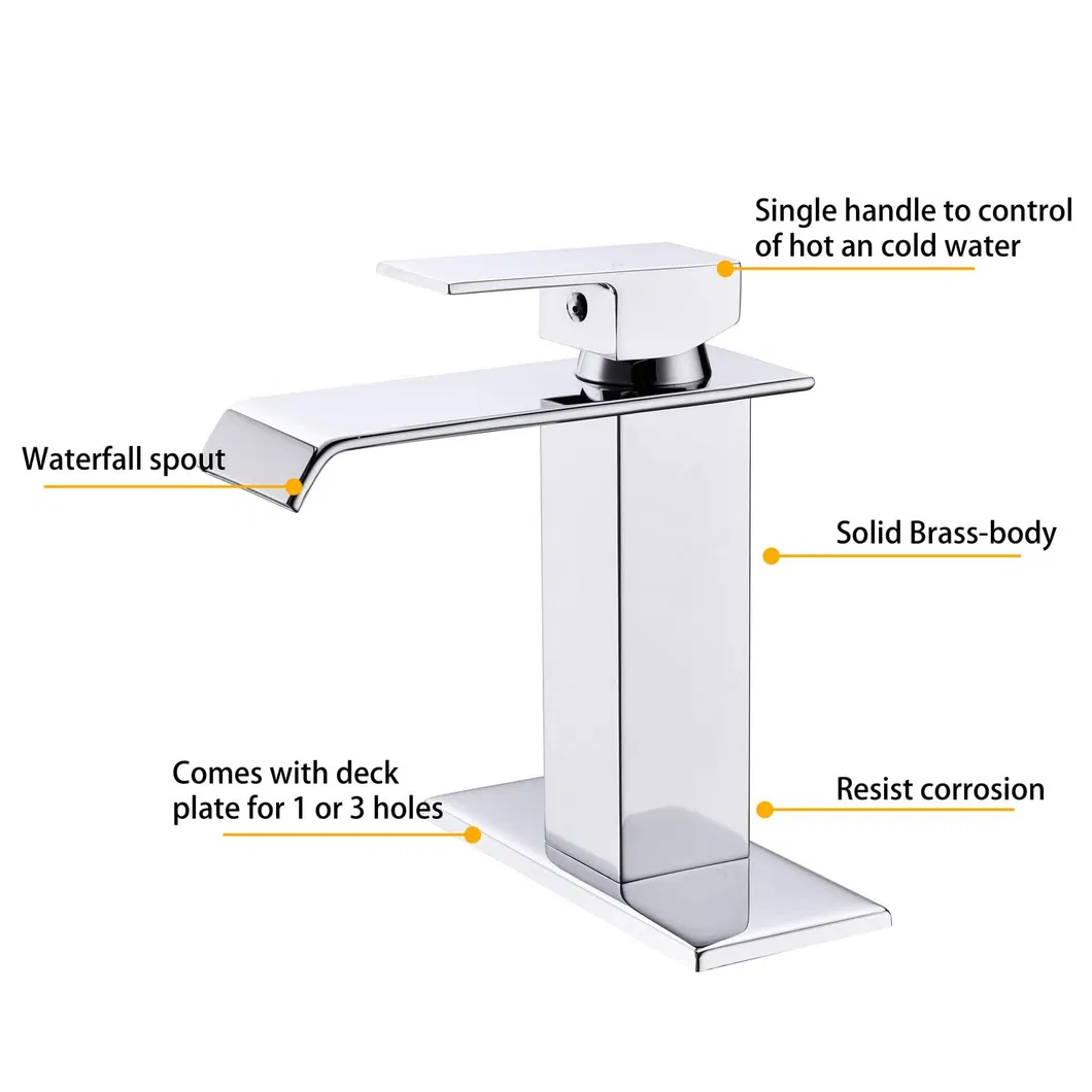 Aquacubic Cupc Lead-Free Brass Single Hole Tall Bathroom Faucet Chrome Waterfall Bath Sink Faucet High