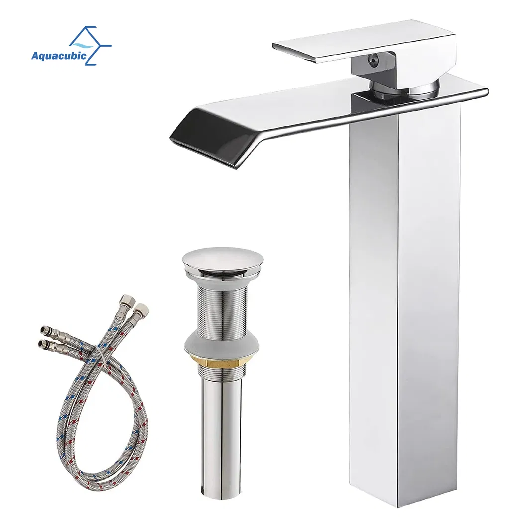 Aquacubic Cupc Lead-Free Brass Single Hole Tall Bathroom Faucet Chrome Waterfall Bath Sink Faucet High