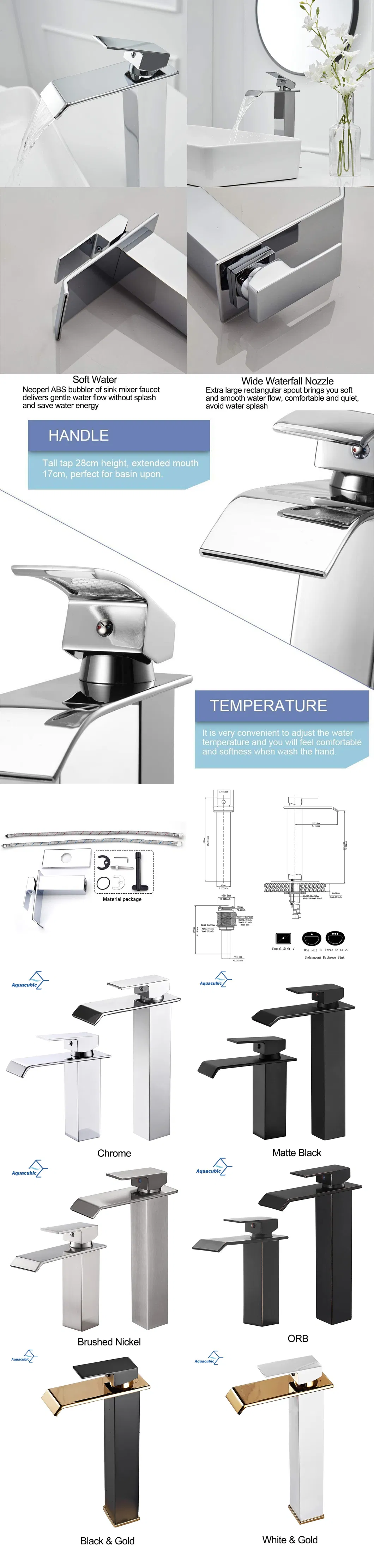 Aquacubic Cupc Lead-Free Brass Single Hole Tall Bathroom Faucet Chrome Waterfall Bath Sink Faucet High