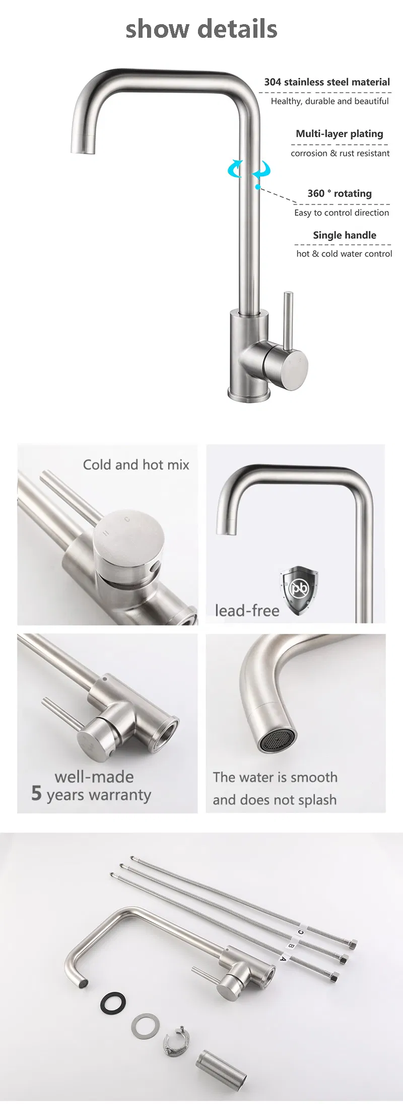 Cupc High Quality 304 Stainless Steel Kitchen Mixer Faucet
