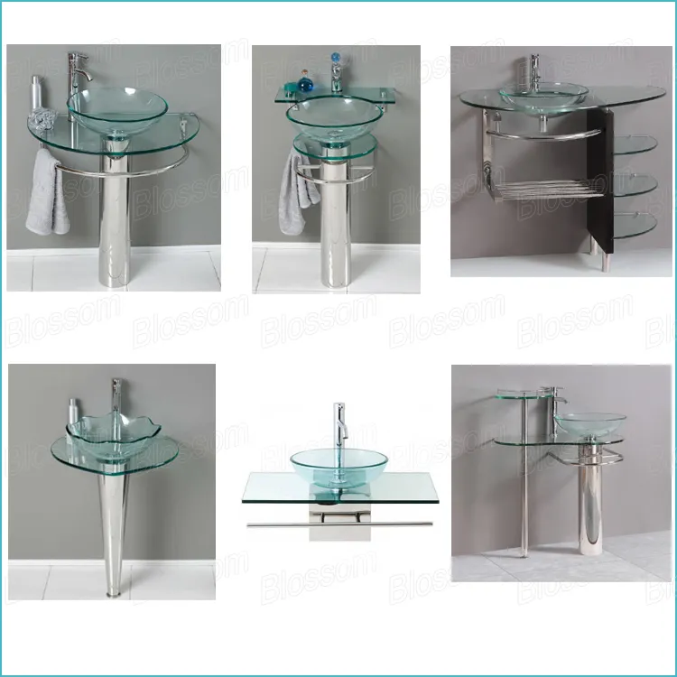 Double Sink Wall-Mounted Glass Wash Basin with Mirror (BLS-2125)