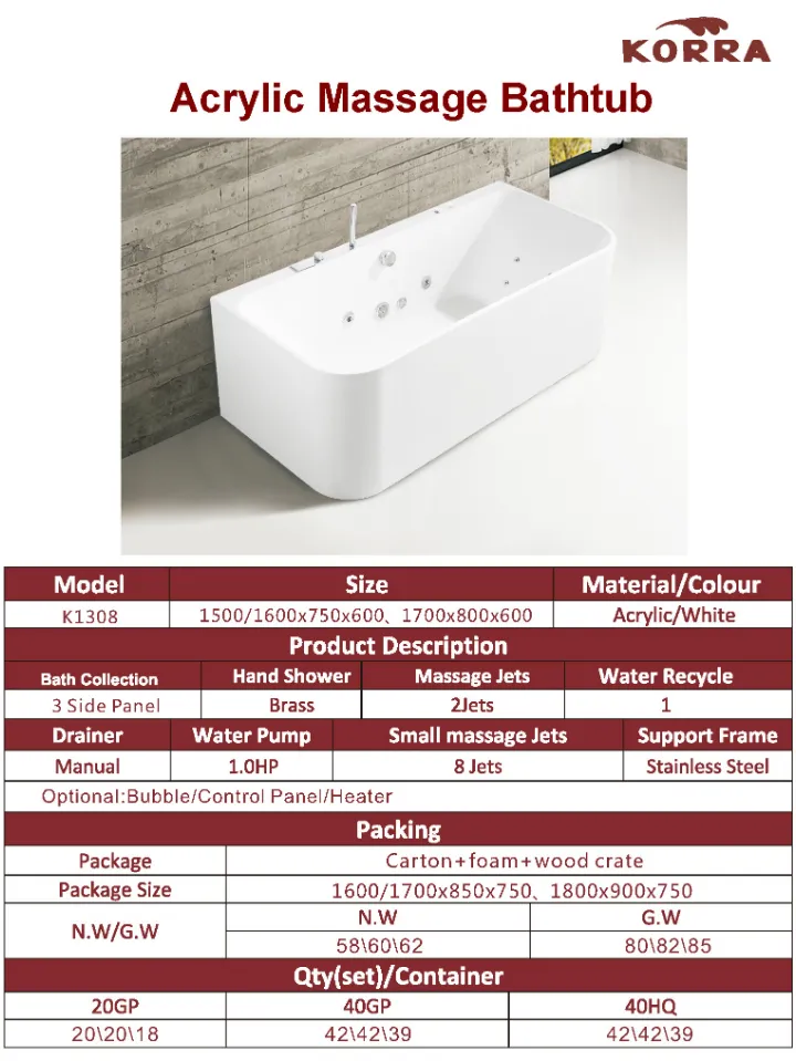 Foshan Elegent and Morden SPA Jacuzzi Massage Acrylic Bathtub (K1308)