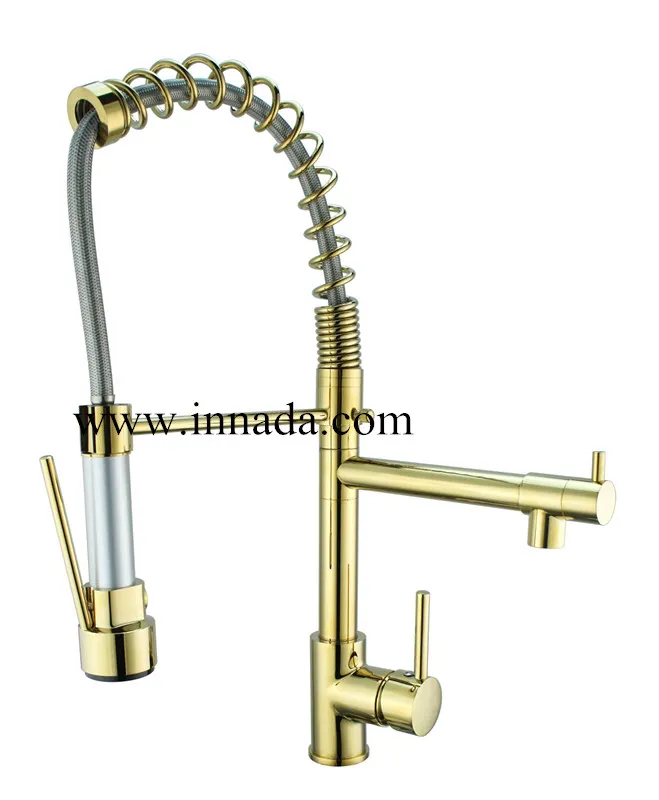 Innada Yinada Brass Spring Pull Down Kitchen Faucet Mixer Fixture Tap Plumbing with Gold Brass Sprayer Na021g
