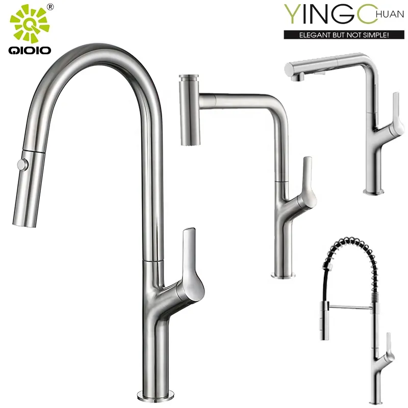 Kaioping Qioio 304 Stainless Steel Flexible Spring Sprayer Deck Mounted Pull out Hot and Cold Slim Kitchen Faucet