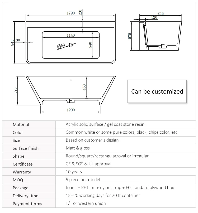 Kingkonree Freestanding Solid Surface Bathtub Bathroom Tub