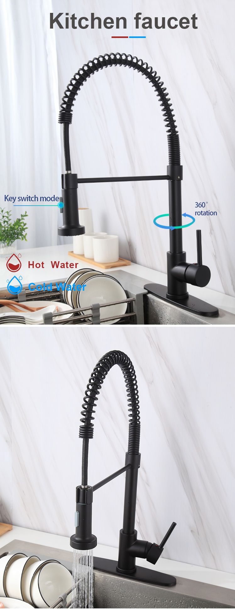 Luxury Design Pull Down Kitchen Faucet Tap 8560 Single Hole 360 Degree Black Kitchen Faucet