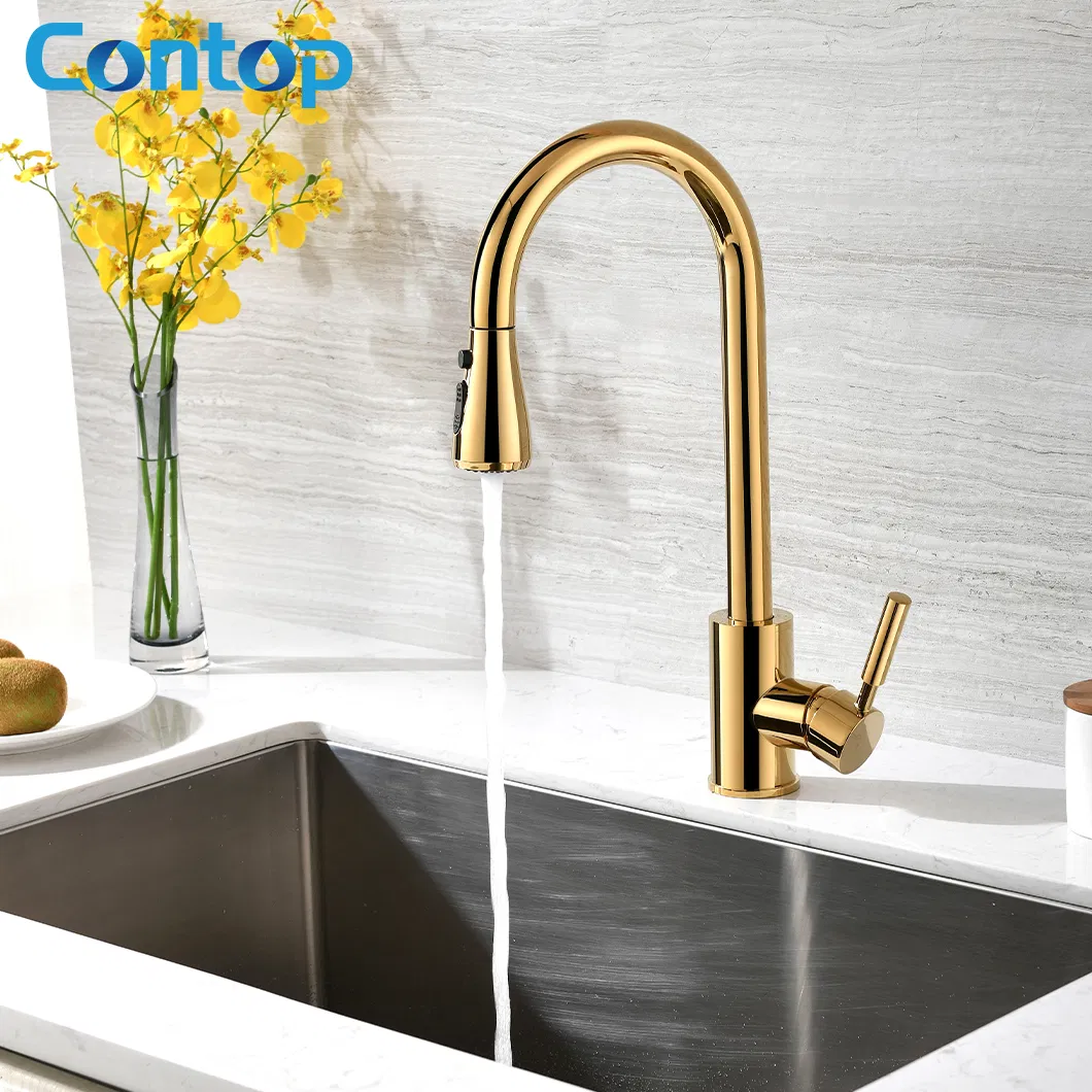 Luxury Pull Down Single Handle Brass Gold Kitchen Sink Faucet with Pull out Sprayer