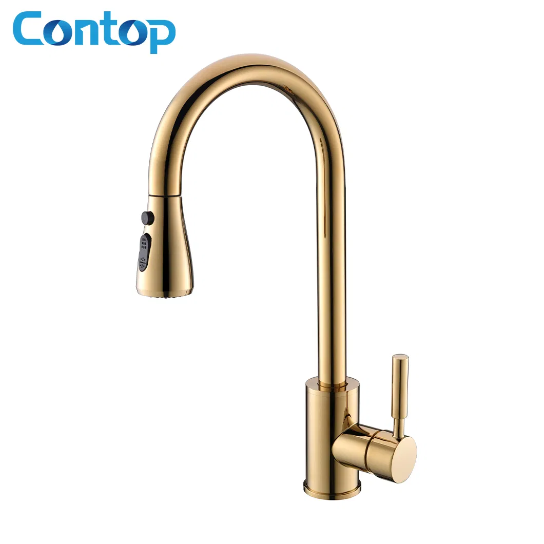 Luxury Pull Down Single Handle Brass Gold Kitchen Sink Faucet with Pull out Sprayer