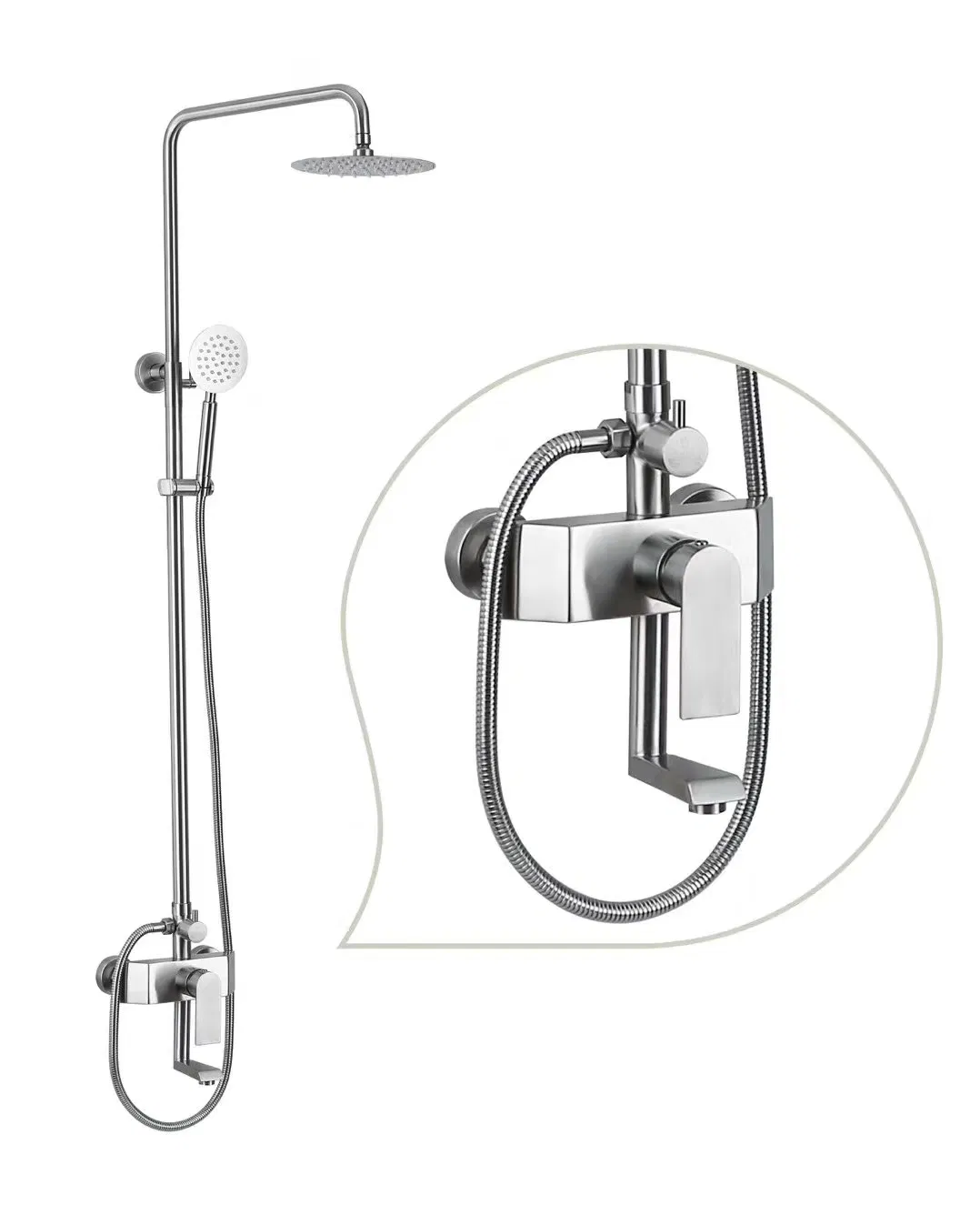 Stainless Steel SUS304 Silver Wall Mount Triple Function Shower System 8 Inches Shower Head Bathroom Adjustable Hand Spray Rainfall Brushed Nickel Shower Faucet