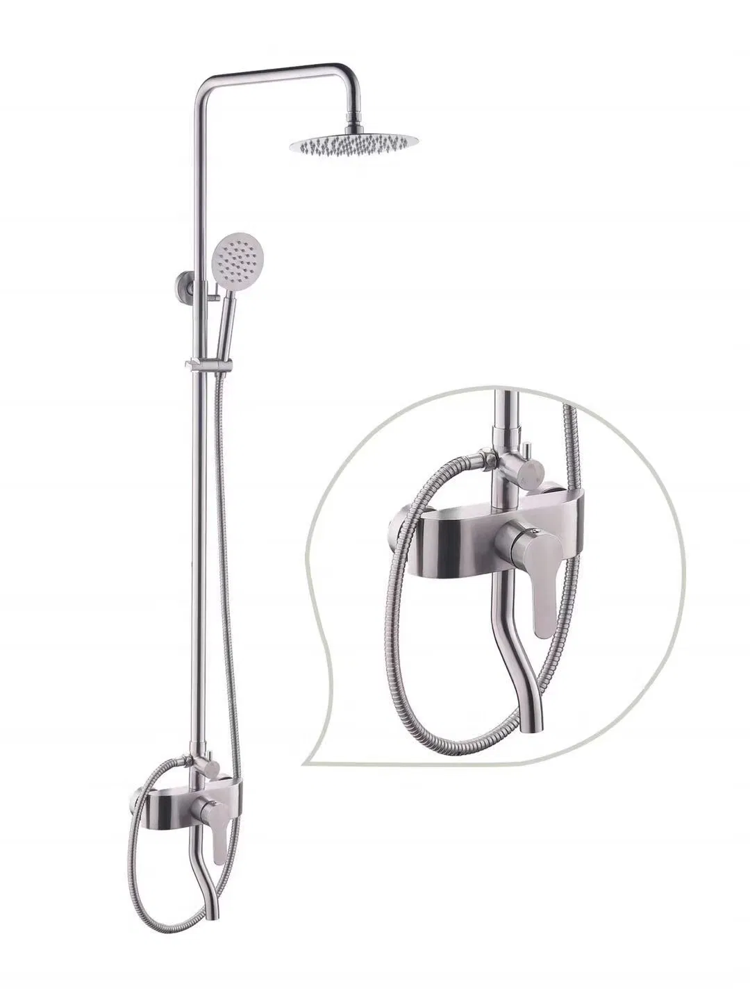SUS304 Stainless Steel Wall Mount Showe Fixture System 8 Inch Round Hand Sprayer Adjustable Slide Bar Rain Shower Single Handle Shower Faucet