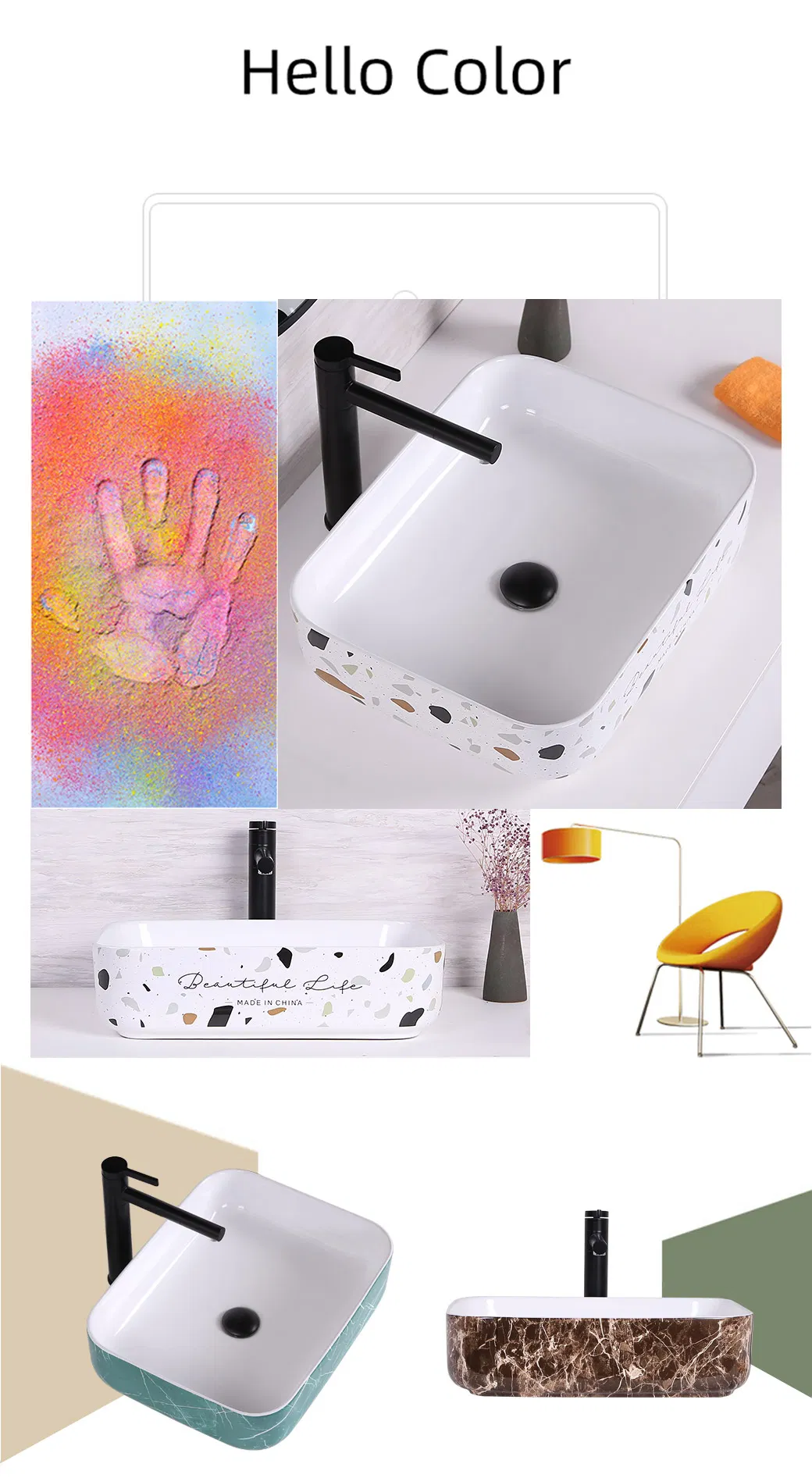 White Color Art Decorated Wash Basin for Bathroom